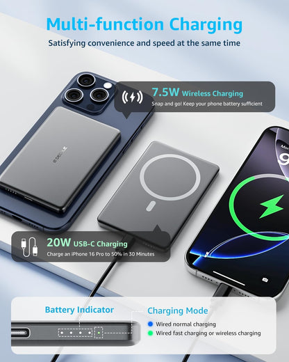 “Air” Power Bank for Magsafe 5000Mah Ultra Slim Battery Charger Case | Magnetic Wireless Portable Charger with USB-C Cable, Compatible with Iphone 17/16/15/14/13/12 Series Only (Grey) UK