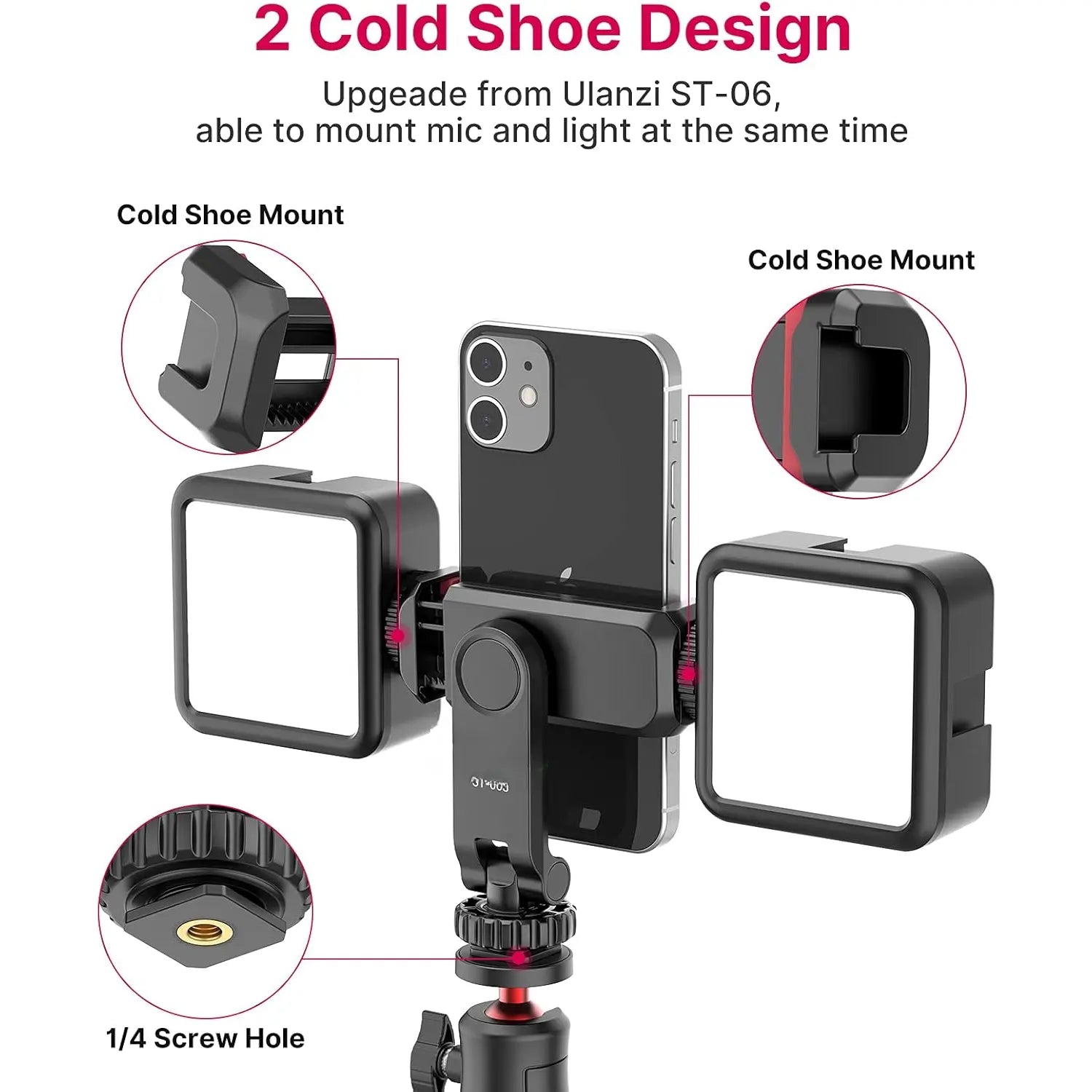 ST-06S Silicon Phone Tripod Mount Holder, 2 Cold Shoe Camera Stand Accessories for Smartphone, Pad, Android, DJI Ronin S/SC, Zhiyun Gimbals, Rotating Stand, X